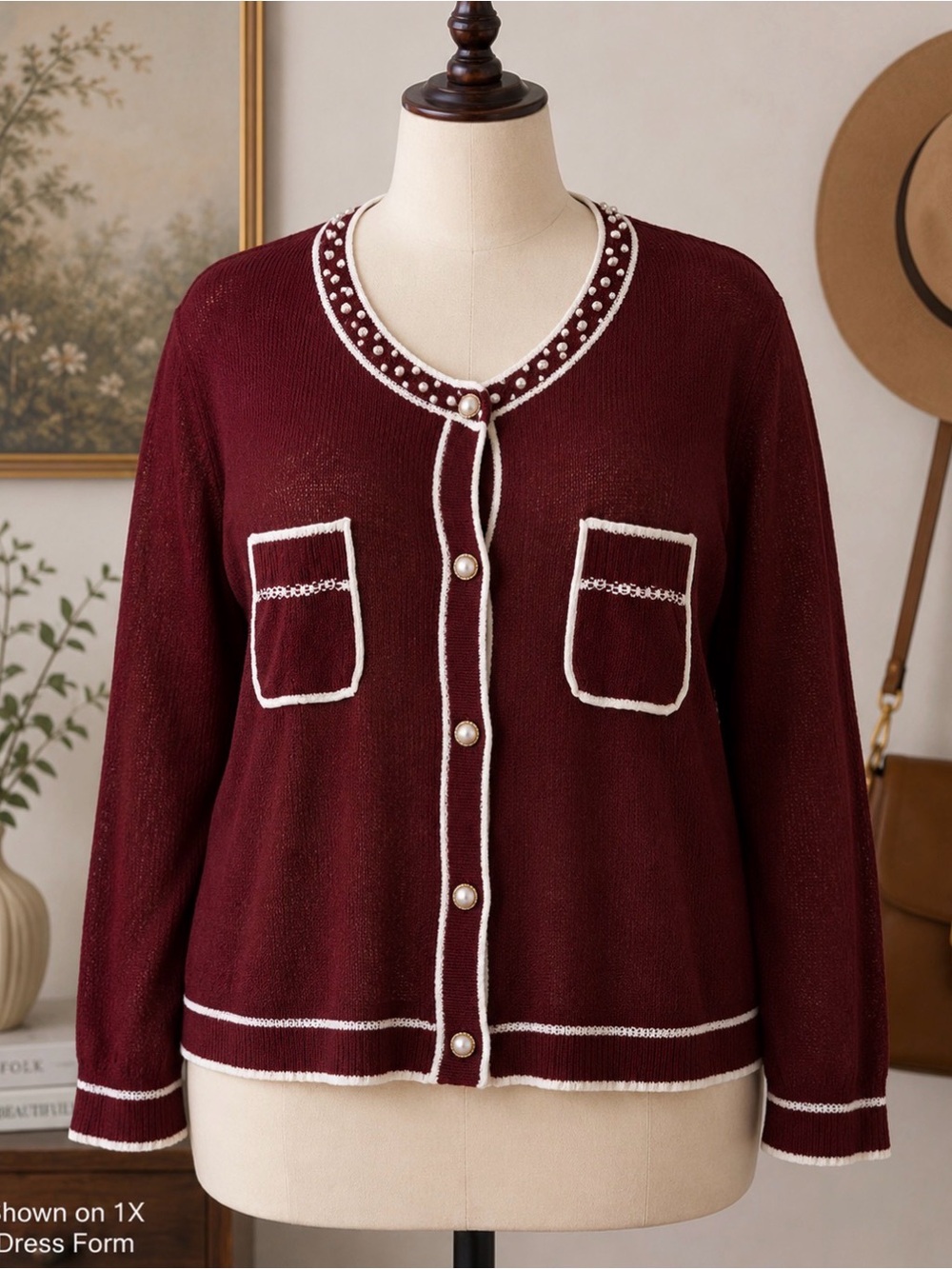 *Embellished, beaded collar, Burgundy Cardigan Sweater - 1X
